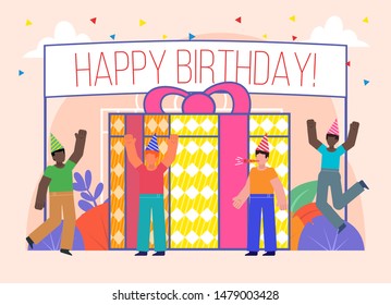 Happy birthday poster. Group of people celebrate, party near big gift box. Flat design vector illustration. Poster for social media, web page, banner, presentation