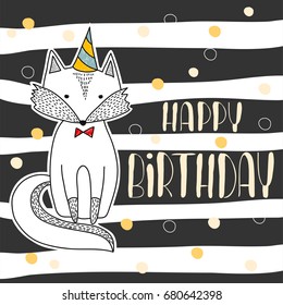 happy birthday poster hand drawn cute little fox. children's card or kids print on fabric.