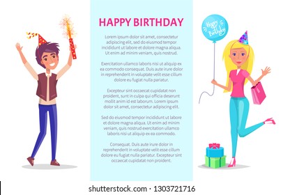 Happy Birthday Poster, Invitation Card, Man With Firework And Woman With Balloon And Presents, Text Sample. Vector Cartoon Characters Celebrating Bday Party