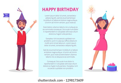 Happy birthday poster, man and woman in cartoon cone shape hats with raised up hands greeting everyone. Male with flag on party and female with sparkler