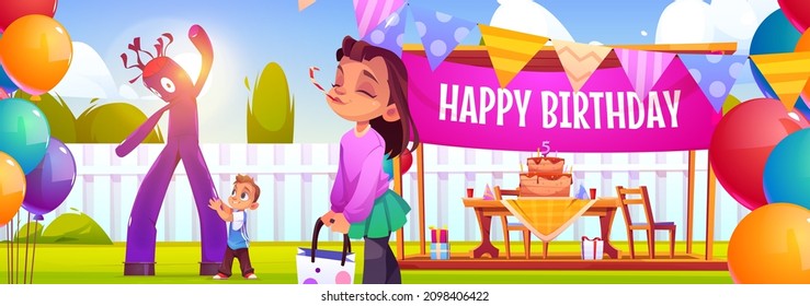 Happy Birthday Poster With Party Decorations On Backyard And Children. Vector Banner With Cartoon Illustration Of Kids Celebrate Holiday In Garden With Inflatable Tube Man, Balloons And Cake