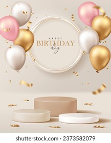 Happy Birthday poster for product demonstration. Beige pedestal or podium with balloons and confetti on beige background.