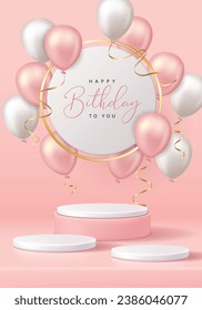 Happy Birthday poster for product demonstration. White pedestal or podium with balloons on pink background.