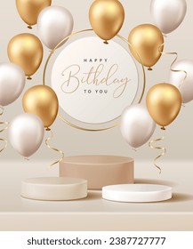 Happy Birthday poster for product demonstration. Beige pedestal or podium with balloons on beige background.