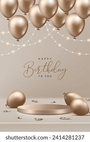 Happy Birthday poster for product demonstration. Gold pedestal or podium with balloons and confetti on beige background.