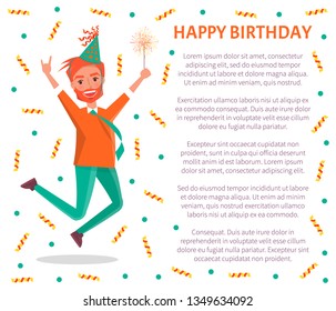 Happy birthday poster, redhead bearded man merrily jump on party. Male cartoon character in festive hat and sparkler leap of joy, vector tinsels and text sample