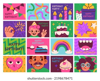 Happy birthday poster set. Colorful greeting covers with garland, confetti, cake, candles and gifts. Abstract design elements for postcards. Cartoon flat vector collection isolated on white background