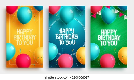 Happy birthday poster set vector design. Birthday greeting text collection with balloons and confetti elements for kids party celebration background. Vector Illustration.