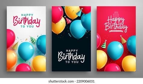 Happy birthday poster set vector design. Birthday greeting text collection with balloons and confetti elements for kids party celebration background. Vector Illustration.