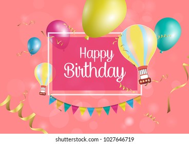 Happy Birthday poster with shiny colored balloons on color background with golden lettering and frame. Vector 3D illustration. Template for banners or card greetings card