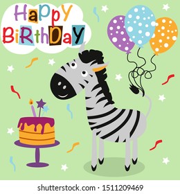 Happy Birthday poster with zebra - vector illustration, eps