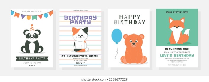 Happy birthday posters set with cute little bear, panda, cat, fox, balloon, hat. Birthday party vector illustration for greeting card, invitation, banner and more