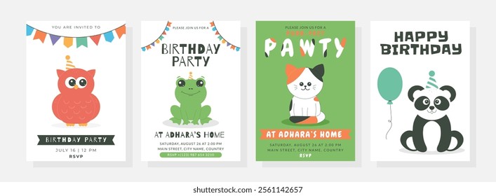 Happy birthday posters set with cute little owl, panda, cat, frog, balloon, hat. Birthday party vector illustration for greeting card, invitation, banner and more
