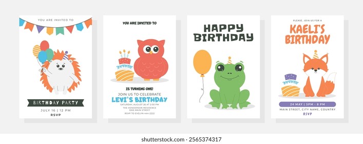 Happy birthday posters set with cute little owl, hedgehog, frog, fox, balloons, cake, candles, hat. Birthday party vector illustration for greeting card, invitation, banner and more