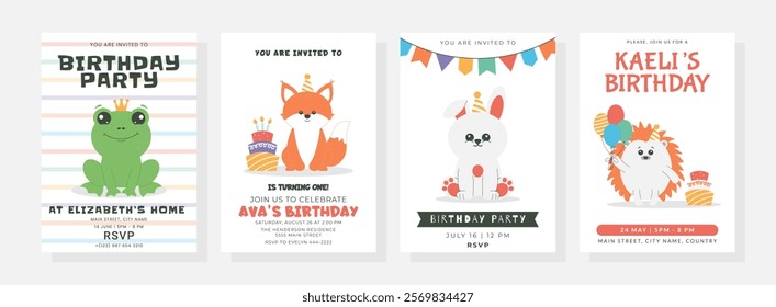 Happy birthday posters set with cute little rabbit, hedgehog, frog, fox, cake, balloons, crown, candles, hat. Birthday party vector illustration for greeting card, invitation, banner and more