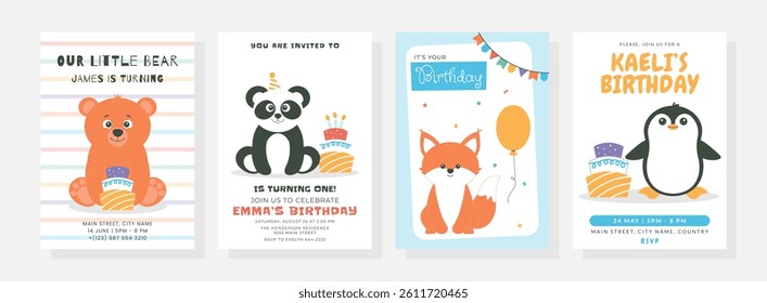 Happy birthday posters set with cute little bear, panda, fox, penguin, balloons, cakes and colorful confetti. Birthday party vector illustration for greeting card, invitation, banner and more