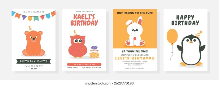 Happy birthday posters set with cute little bear, owl, bunny, penguin, cake, balloon, hat. Birthday party vector illustration for greeting card, invitation, banner and more