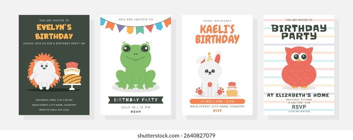 Happy birthday posters set with cute little frog, bunny, owl, hedgehog, hat, cakes. Birthday party vector illustration for greeting card, invitation, banner and more