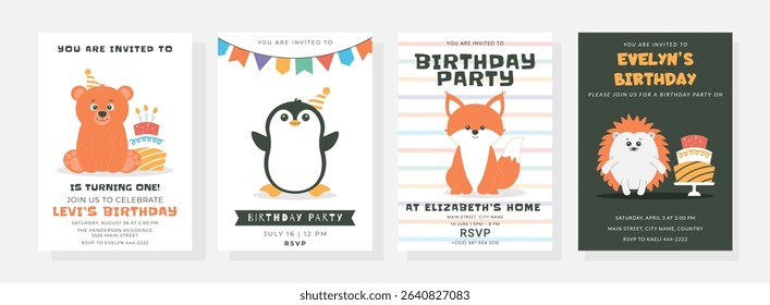 Happy birthday posters set with cute little penguin, bear, fox, hedgehog, cake, candles, hat. Birthday party vector illustration for greeting card, invitation, banner and more
