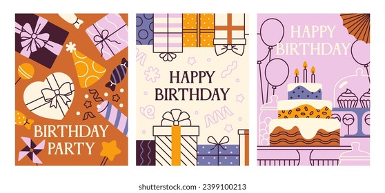 Happy birthday posters set. Gift boxes and cake with candles, candies in heart shaped box. Greeting postcard design for annual event. Cartoon flat vector collection isolated on white background