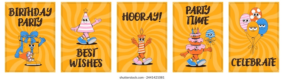 Happy birthday posters set. Vintage walking characters in retro groovy style. Funky mascot with psychedelic smile. Vector illustration