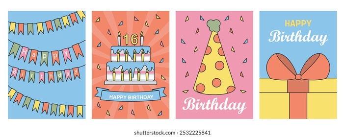Happy birthday posters set. Yellow gift box, birthday cap, colorful flags and cake with candles. Party and event. Holiday and festival. Flat vector collection isolated on white background