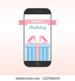Happy Birthday present box on a mobile phone screen. Celebration concept. Vector illustration