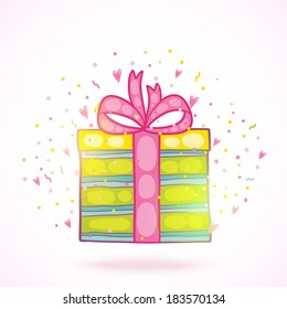 Happy Birthday present gift box with confetti. Vector holiday background.