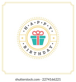 Happy birthday present gift box vintage greeting card typographic template vector flat illustration. Birth anniversary congratulations circle frame old fashioned bright rays festive holiday design
