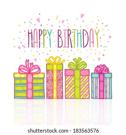 Happy Birthday present gift boxes with confetti. Vector holiday background.