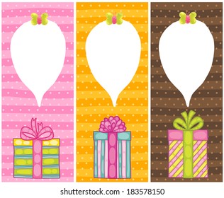 Happy Birthday present gift boxes with speech bubble. Vector holiday illustration
