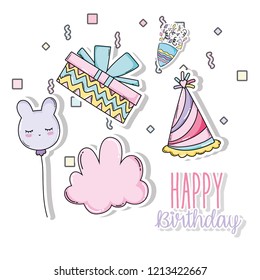 happy birthday with present and hat decoration