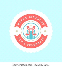 Feliz cumpleaños presente cinta tarjeta de saludo vintage plantilla tipográfica vector ilustración plana. Aniversario de la época festividad celebración de la fiesta de la vieja ronda curva badge azul polka punto ornato