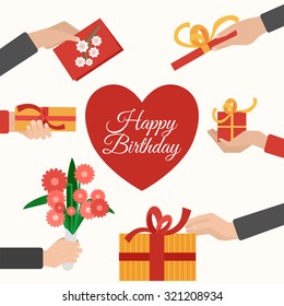 Happy birthday presents giving and receiving hands flat pictogram composition with heart symbol abstract vector isolated illustration