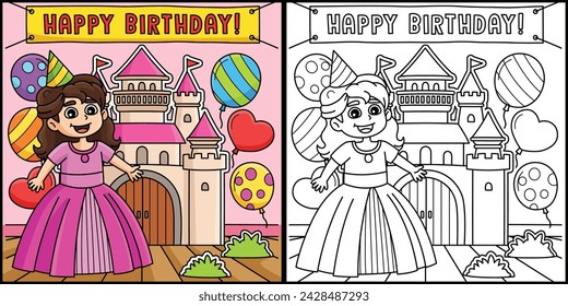 Happy Birthday Princess Coloring Page Illustration