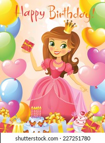 Happy Birthday, Princess, greeting card. Illustration of beautiful princess keeping a gift on a hand. Possible to use as party invitation, greeting card, banner. Vector illustration. 