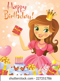 Happy Birthday, Princess, greeting card. Illustration of beautiful princess keeping a gift on a hand. Possible to use as party invitation, greeting card, banner. Vector illustration. 