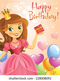 Happy Birthday, Princess, greeting card. Illustration of beautiful princess keeping a gift on a hand. Possible to use as party invitation, greeting card, banner. Vector illustration. 