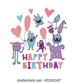 Happy Birthday. Print with cute monsters.