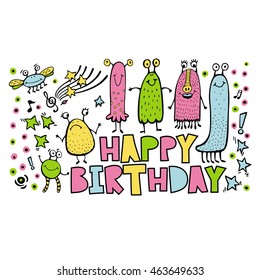 Happy Birthday. Print with cute monsters.