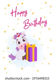Happy Birthday printable party greeting card with cute magical unicorn sitting with gift box. Birthday party invitation card template. Bright colored stock vector illustration