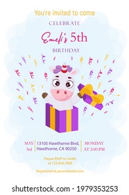 Happy Birthday printable party invitation card template. Event template with cute magical unicorn jumping from gift box. Bright colored stock vector illustration