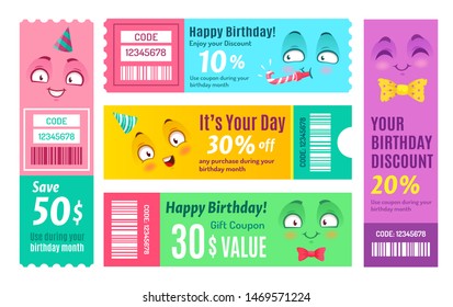 Happy Birthday Promo Voucher. Anniversary Coupon, Happy Gift Vouchers And Smiling Promo Code Coupons Template. Kawaii Manga Face Birthday Shopping Certificate. Isolated Vector Symbols Set