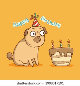 happy birthday pug dog with blowing a candle on birthday cake. happy birthday greeting card