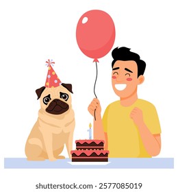 happy birthday pug dog with birthday cake and balloons