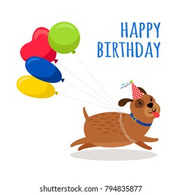 Happy birthday puppy invitation. Funny dog on birthday card with balloons isolated on white background vector illustration