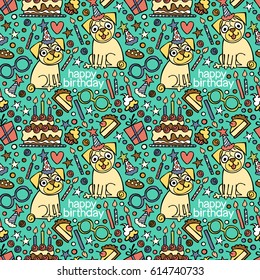 Happy Birthday. Puppy pug. Pattern (background).
