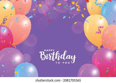 Happy birthday purple background with bokeh and balloons. Happy birthday banner with colorful confetti. Birthday celebration banner, realistic balloons, colorful ribbon, birthday bokeh background.