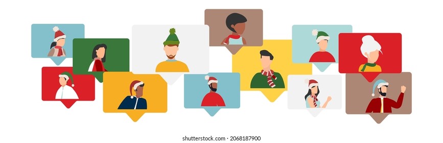 happy birthday quarantine, online party. Vector illustration. People wishing Merry Christmas and Happy New Year. Celebrating holiday and giving gifts via video call or web conference in 2022.