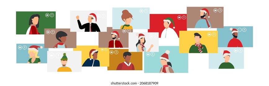 Happy Birthday Quarantine, Online Party. Vector Illustration. People Wishing Merry Christmas And Happy New Year. Celebrating Holiday And Giving Gifts Via Video Call Or Web Conference In 2022.